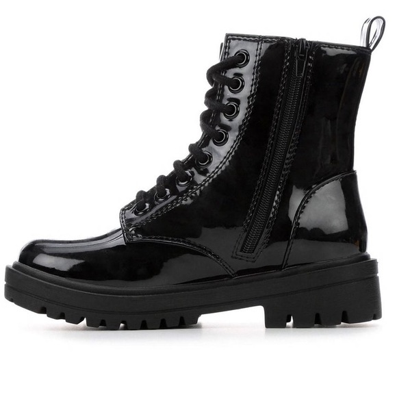 Black patent vegan leather lace up combat boots - Picture 2 of 6
